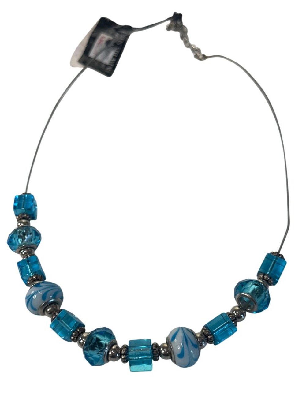 Art Glass Necklace Blue & White Beads Spacers 18” Wire Lobster Clasp Boho